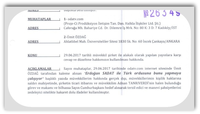 ODATV ve Ümit ÖZDAĞ'a ihtarname