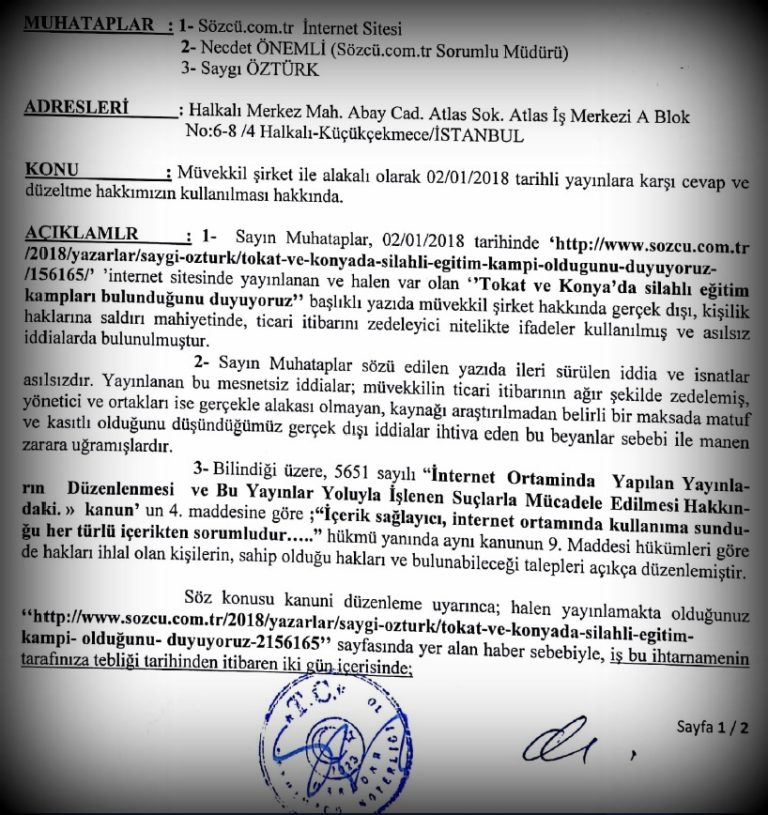 Our denial notice to the Sözcü newspaper