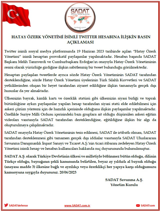 Hatay Özerk Yönetimi İsimli Twitter Hesabına İlişkin Basın Açıklaması