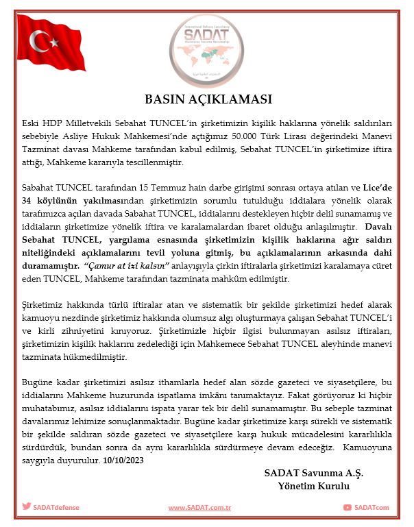 Eski HDP Milletvekili Sebahat TUNCEL’in Şirketimizin Kişilik Haklarına Yönelik Saldırıları Hakkında Basın Açıklaması