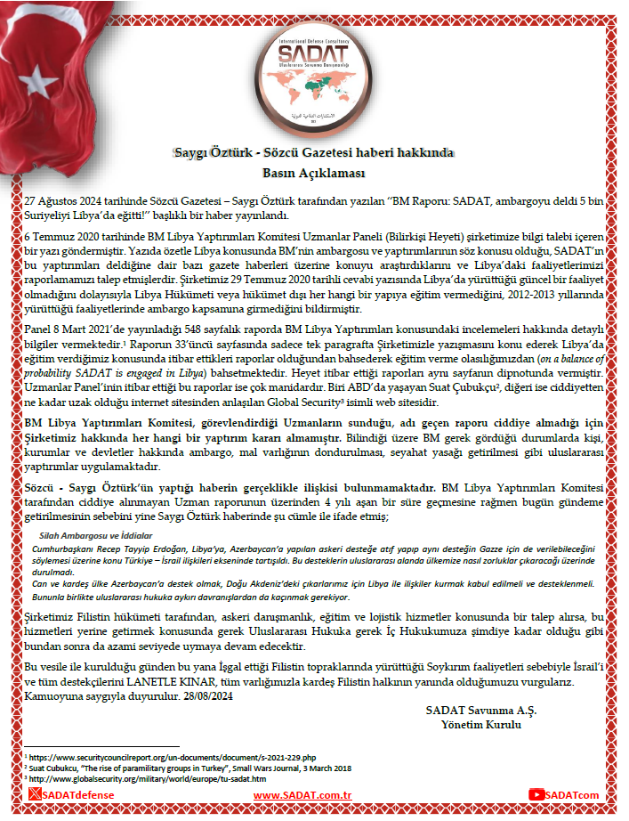 Press Release about news of Saygı Öztürk – Sözcü Newspaper