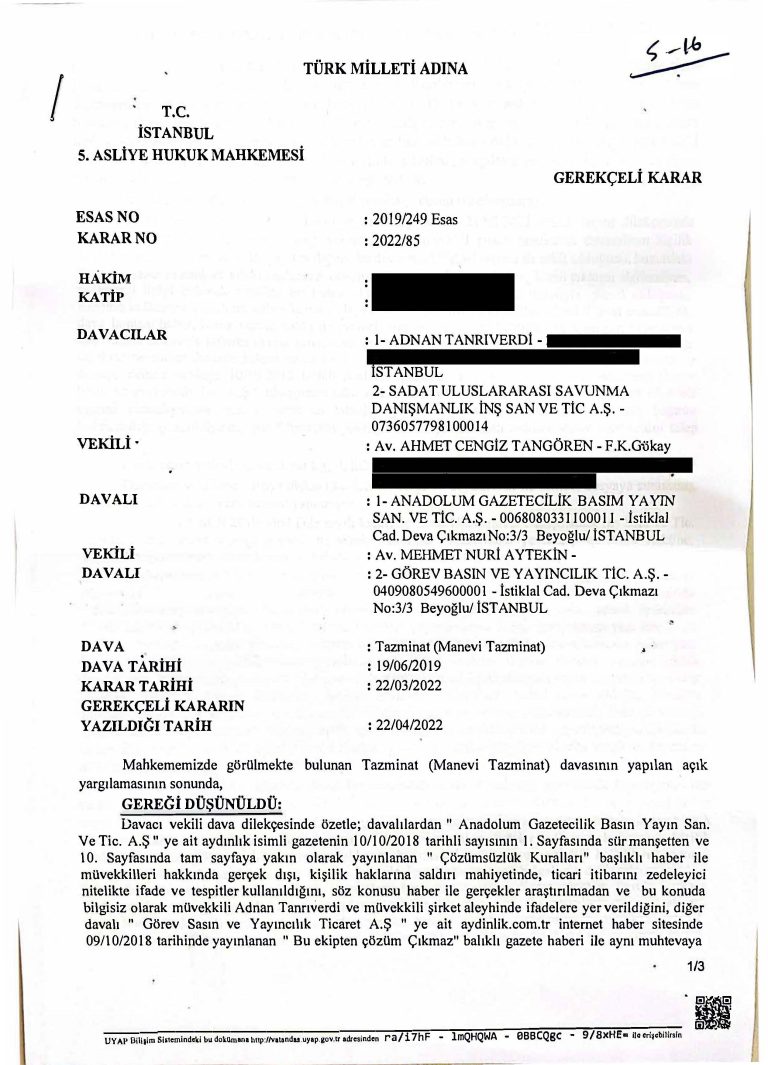 Aydınlık Gazetesi ve İnternet Sitesine Karşı Kazanılan Tazminat Kararı