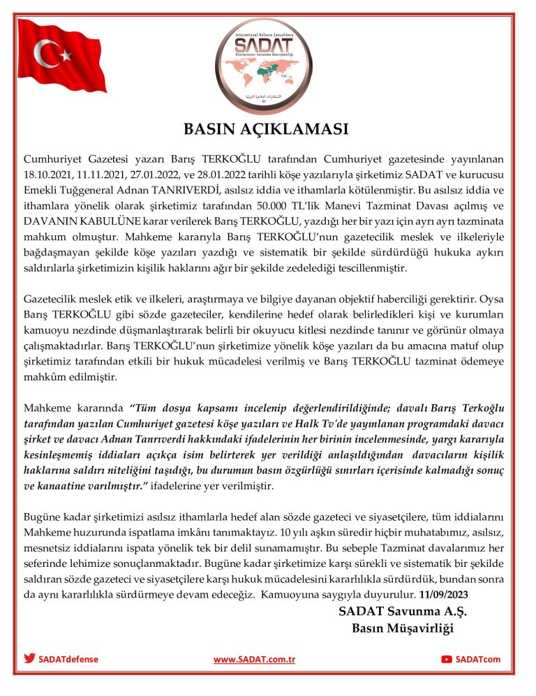 Cumhuriyet Gazetesi yazarı Barış TERKOĞLU Hakkında Basın Açıklaması