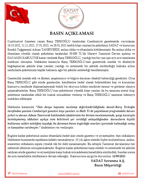 Cumhuriyet Gazetesi Yazarı Barış TERKOĞLU Hakkında Basın Açıklaması